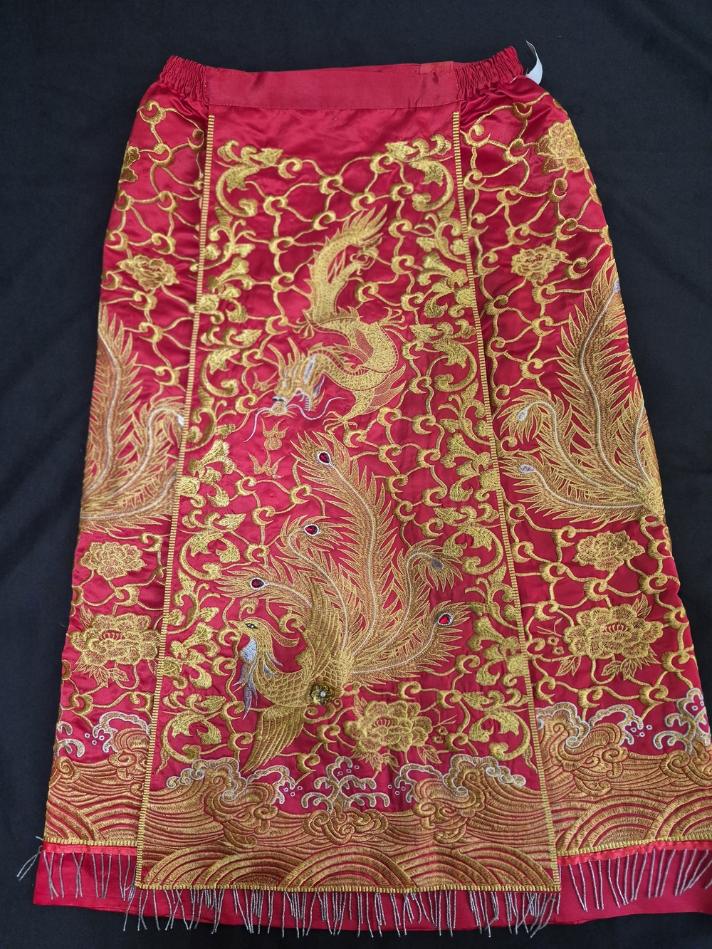 Red Embroidered Traditional Maxi Skirt with Gold & Phoenix Dragon Motif